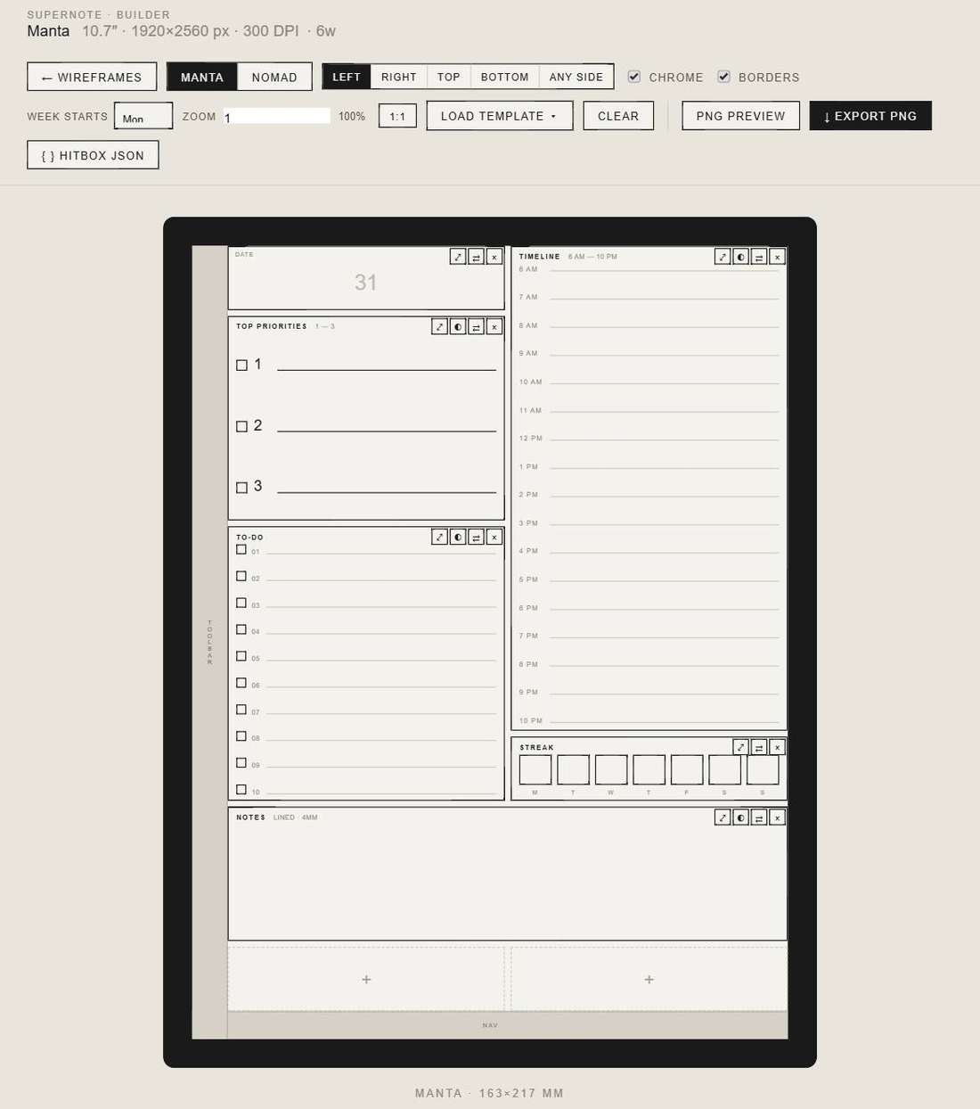 The Planner Builder with a daily page part-way through being built — widgets placed, resize and swap controls on each, and empty cells still to fill