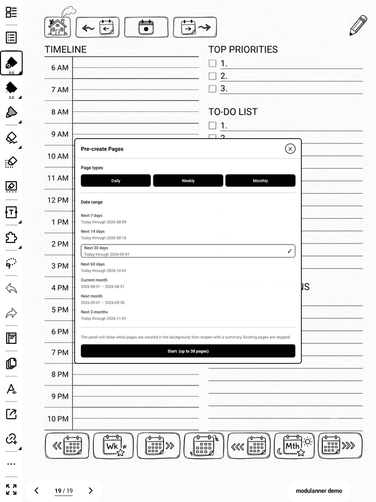 Bulk pre-create daily weekly monthly pages