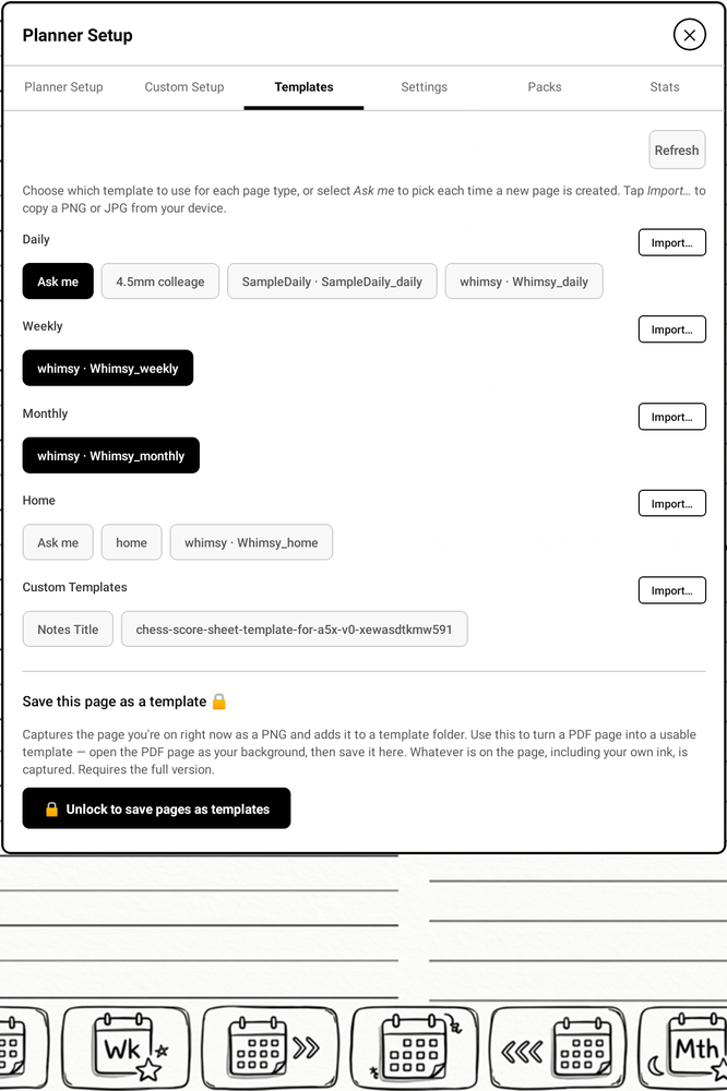 Template selection and import